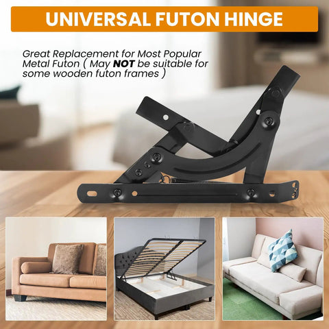 Adjustable Futon Hinges With Spring Mechanism Replacement, black metal hinge shown on wooden surface, suitable for metal futons.