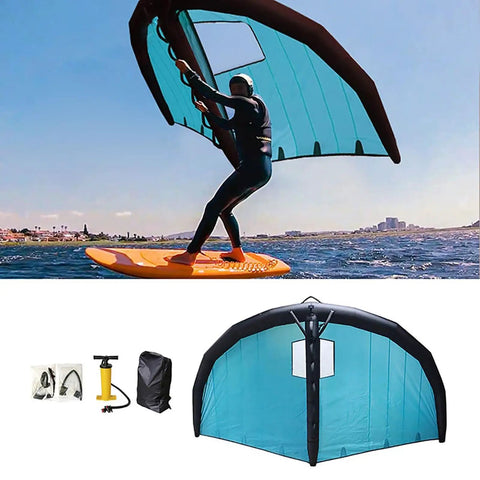 Person using Inflatable Foil Wing For Wind Wing Foiling And Kitesurfing, Handheld Foil Wing Kite, includes pump and backpack