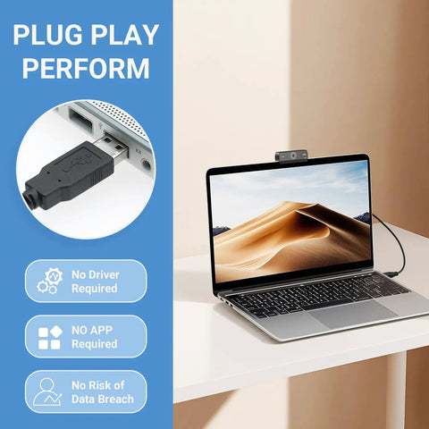 Ultra Crisp 1080P HD Webcam For Pc connected to a laptop, showcasing seamless plug and play functionality for video use.
