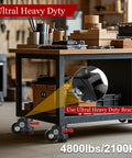 Heavy Duty Leveling Casters With Quick Lock Brakes, 4800 Lb Load Rating, Set Of Four Adjustable Height Wheels, Built Tough To Haul Heavy Loads Without Breaking A Sweat on workbench.