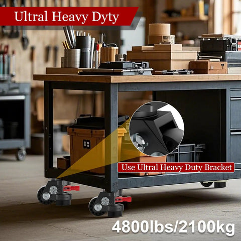 Heavy Duty Leveling Casters With Quick Lock Brakes, 4800 Lb Load Rating, Set Of Four Adjustable Height Wheels, Built Tough To Haul Heavy Loads Without Breaking A Sweat on workbench.