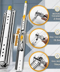 Beefy Heavy Duty Locking Drawer Slides With Screws 500 Lb Capacity Full Extension 3 Fold Ball Bearing Rails width 76mm, thickness details
