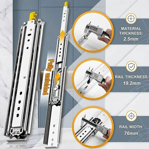 Beefy Heavy Duty Locking Drawer Slides With Screws 500 Lb Capacity Full Extension 3 Fold Ball Bearing Rails width 76mm, thickness details