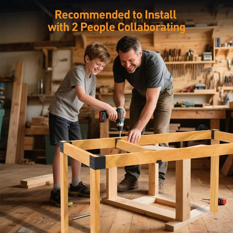 Two people installing Heavy Duty Overhead Garage Storage Rack Kit For 2x4 Wood DIY Ceiling Storage System, 500 LB Capacity.