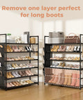 Hella Compact Six Tier Shoe Rack Organizer With Hook And Side Pocket Fits Twenty Four To Thirty Pairs Boots And Sneakers, featuring removable layer for long boots.