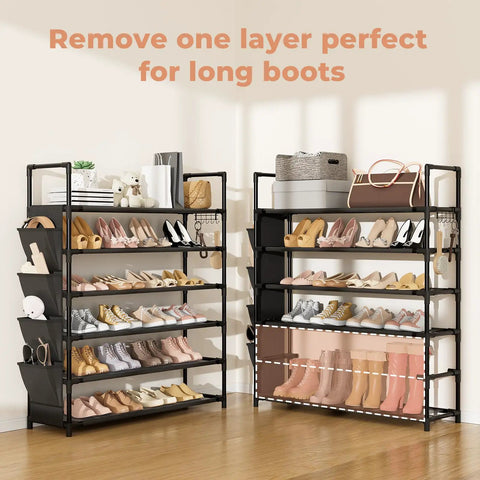 Hella Compact Six Tier Shoe Rack Organizer With Hook And Side Pocket Fits Twenty Four To Thirty Pairs Boots And Sneakers, featuring removable layer for long boots.