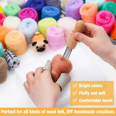 Needle Felting Starter Kit With 40 Color Wool Roving 3 Grams Each For Felted Animals And DIY Wool Crafts Complete Tool Set With Instructions Included Great For Beginners And Advanced Projects showing hands needle felting with colorful wool.