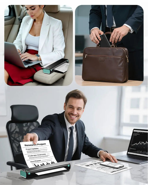 Ultra Portable Bluetooth Thermal Printer For Travel And On The Go Home Use depicted printing, in a bag, and on an office desk.