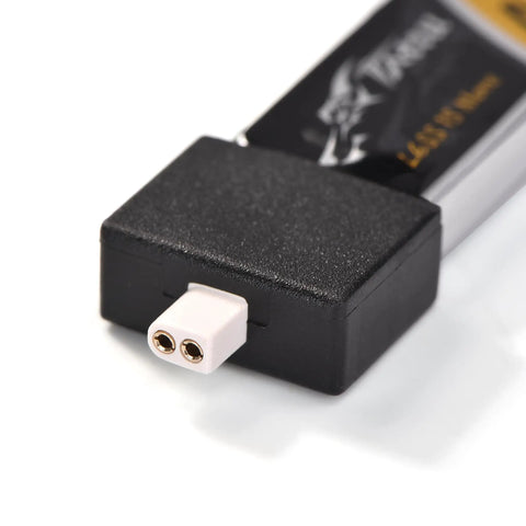 Close-up of BT 2.0 connector on 4 Pack 450mAh 1S 3.8V LiHV 95C LiPo Batteries for Tiny Whoop FPV Drones.