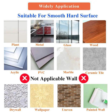 Diagram showing surfaces suitable and not suitable for adhesive hat hooks, including glass, marble, and wood surfaces.
