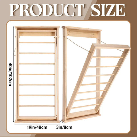 Wall Mounted Foldable Drying Rack With Sturdy Wood Rod, Space Saving Laundry Clothes Hanger For Bathroom Or Mudroom, showing size specifications 102cm x 48cm.