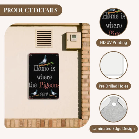 8x12 Inch Metal Sign Featuring Elegant Cute Homing Pigeon Racing Breed with decorative fonts on wall