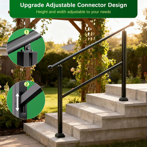Built Tough Metal Handrail Kit With Fade Proof Finish And Fully Adjustable Height For Secure Outside Porch Deck Balcony Projects features adjustable connector design for customized fit.