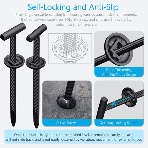 Heavy Duty Nylon Universal Cable Tie Buckles Kit With Self Locking T Rivet Zip Tie Clips for automotive use