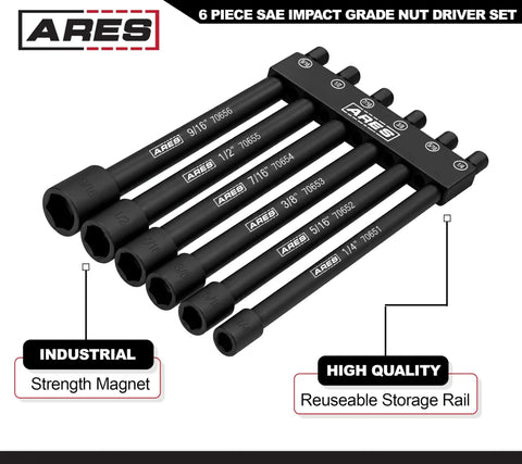 Magnetic Impact Nut Driver Set for Tough Jobs, 6-Piece SAE Nut Drivers for Impact Wrenches, Sizes 1/4, 5/16, 3/8, 7/16, 1/2 and 9/16 Inch, Industrial Strength Magnets, Rugged Alloy Bits With Handy Storage Rail
