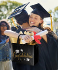 Two Pack Graduation Gift Bags With Tissue Paper, Cards And Reusable Nonwoven Totes, White Colorful And Black Gold Design