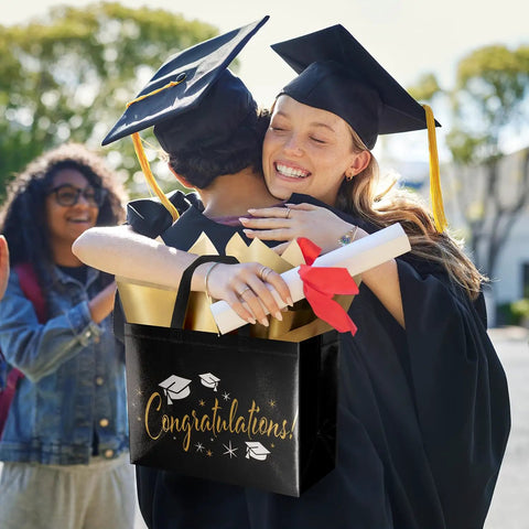 Two Pack Graduation Gift Bags With Tissue Paper, Cards And Reusable Nonwoven Totes, White Colorful And Black Gold Design