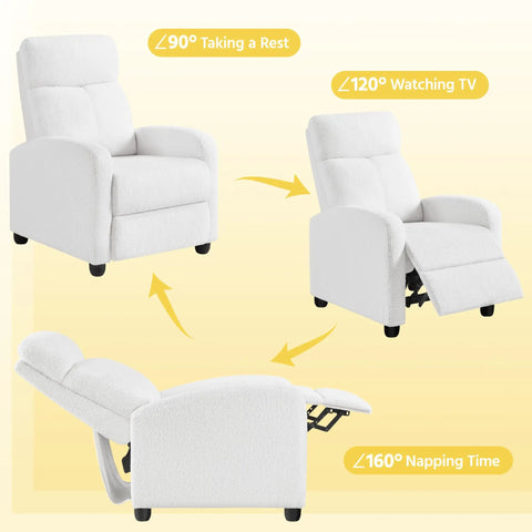 Boucle Laidback Cozy Recliner Sofa With Push Back Design Adjustable Modern Single Recliner Chair showing three position modes.
