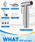 Toilet Bidet Sprayer Kit Handheld With Adjustable Jet Spray No Mess Leak Free Design Easy Install 2 Pack Stainless Steel Hose shown with components including sprayer head, T-valve, and accessories.