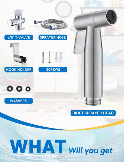 Toilet Bidet Sprayer Kit Handheld With Adjustable Jet Spray No Mess Leak Free Design Easy Install 2 Pack Stainless Steel Hose shown with components including sprayer head, T-valve, and accessories.
