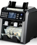 Munbyn Imc08 Dual Pocket Money Counter Machine Sorts Mixed Denomination Bills With Value Counting And Counterfeit Detection, front view.