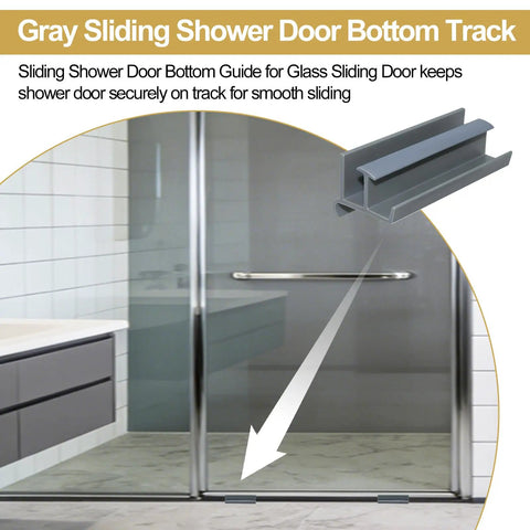 Gray Sliding Shower Door Bottom Guide With Slick Roller Track For Standard Glass Doors Up To Five Sixteenth Inch Thickness, installed in a modern bathroom.