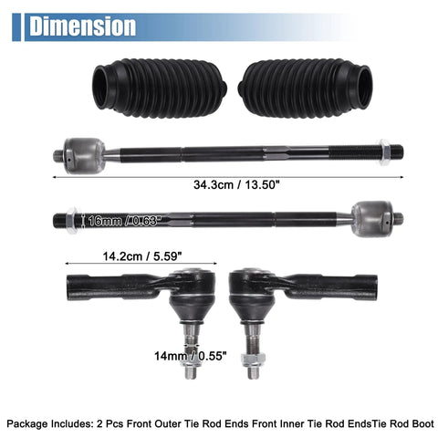 Six Piece Front Inner Outer Tie Rod End Kit For Chrysler 300 Dodge Challenger And Charger Drag Link Direct Fit OE ES800986 EV800963 Replacement showing boots and ends, 34.3cm length