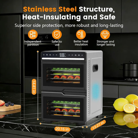 Top Shelf Workhorse Food Dehydrator Featuring 12 Sturdy Steel Trays And Precise Heat Controls Plus Marathon Timer on sleek black countertop.