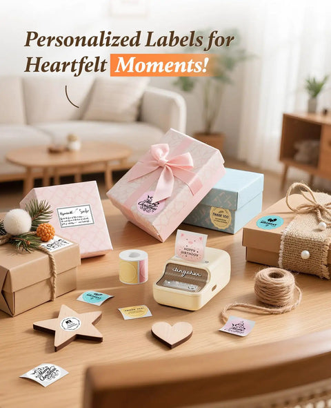 Smooth Sailing With This Sleek Portable Bluetooth Thermal Label Printer Sporting Inkless Tech And No Sweat Setup For Home Office Business Shipping Storage Includes Wireless App Auto Detect Sensor And Long Battery Plus 50X30Mm Labels on a wooden table with gift boxes and labels.