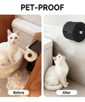 Before and after images of the Full Enclosure Toilet Paper Holder Keeps Your Roll Safe From Hairy Paws And Chewy Jaws.