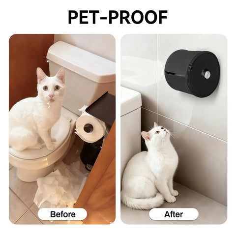 Before and after images of the Full Enclosure Toilet Paper Holder Keeps Your Roll Safe From Hairy Paws And Chewy Jaws.