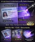 Street Smart Money Scanner With Portable Uv Tool Ir Mg Security Scan For Usd Eur Gbp Fake Bill Buster And Automatic Four Way Cash Value Tally Machine For Local Shops image showing UV light detecting hidden features on an ID and cash.