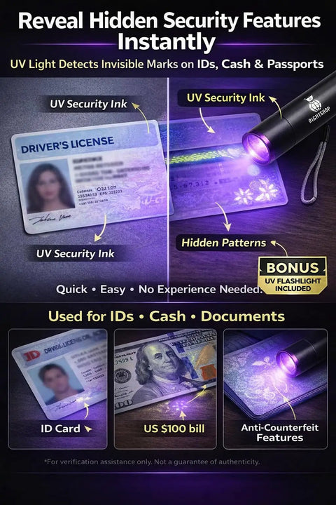 Street Smart Money Scanner With Portable Uv Tool Ir Mg Security Scan For Usd Eur Gbp Fake Bill Buster And Automatic Four Way Cash Value Tally Machine For Local Shops image showing UV light detecting hidden features on an ID and cash.