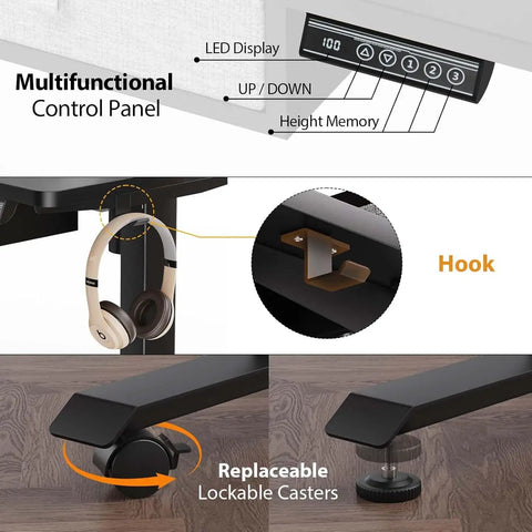 Xin Yao 63 Inch Electric Standing Desk With Five Drawers Ergonomic Height Adjustable Sit Stand Computer Workstation Table showing control panel, hook, and lockable casters.