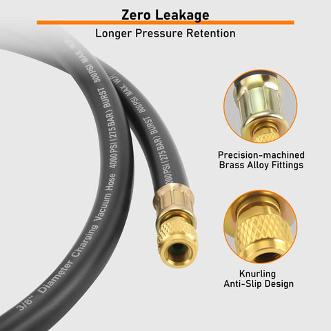 Close-up of Beefy Heavy Duty Vacuum Hose Three Eighths Inch Six Foot for HVAC Quick Evacuation with brass alloy fittings and knurling.