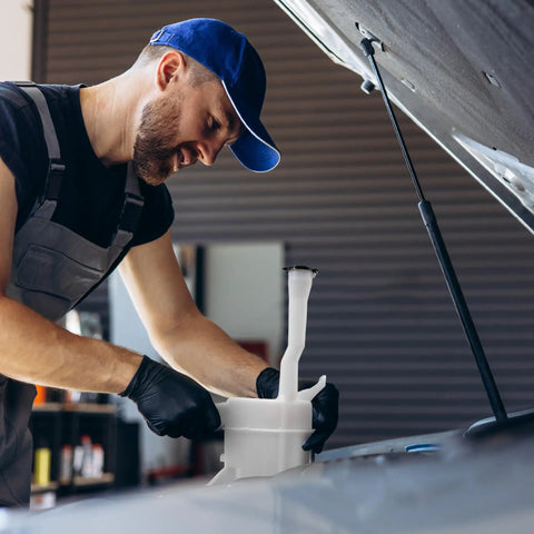 Mechanic installing Direct-Fit Windshield Washer Reservoir Tank Assembly With Cap And Washer Pump Without Low Fluid Sensor