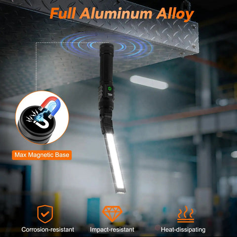 2 Pack Magnetic LED Work Lights with Aluminum Build showing magnetic base attachment to metal surface, 1500 Lumen power.
