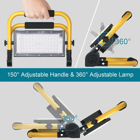 Built Tough LED Construction Spotlight And Work Light With 8000 Lumen Brightness 13500mAh Battery Solar Or USB Recharge 70 LED Panels
