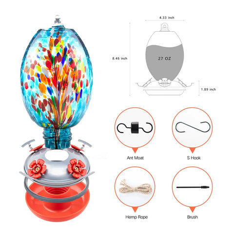Blown Glass Hummingbird Feeder With 27 Oz Capacity For Outdoor Garden Decor Includes Ant Moat And Cleaning Brush Blue Fireworks Accent A Mom Friendly Gift For Women And Nature Lovers The Go To Backyard Bird Watching Accessory