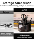 Before and after storage comparison with 1045 Piece Office Supplies Set Desk Organizer Kit With Rotating Multifunctional Pen Holder.