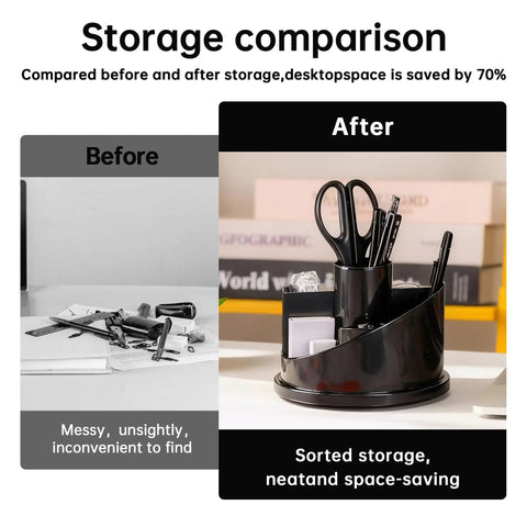 Before and after storage comparison with 1045 Piece Office Supplies Set Desk Organizer Kit With Rotating Multifunctional Pen Holder.