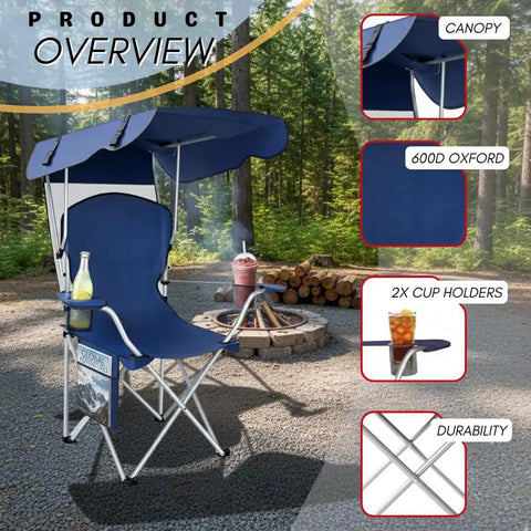 Portable Folding Camping Chair With Detachable Canopy Shade For Outdoors Beach And Lawn, Durable Weather Resistant 600D Oxford Cloth, Sun Blocking Sunshade Chair For Adults, Navy, shown with cup holders and canopy in forest setting.