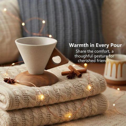 Reliable Terracotta Pour Over Coffee Dripper Set With Solid Wood Handle, conical ceramic filter holder on textured blanket.