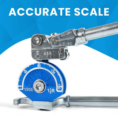 Heavy Duty 1/2 Inch Tubing Bender With 180 Degree Angle showing accurate scale for precise bending on copper, brass, aluminum, and stainless steel.