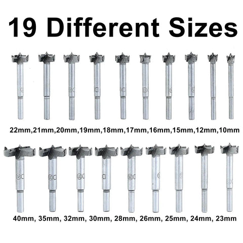 19 Piece Forstner Drill Bit Set 10mm To 40mm Range Pro Grade Woodworking Hole Cutter Bits shown in various sizes.