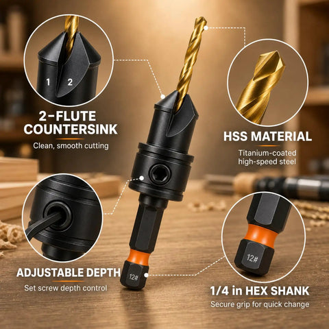 Pro Level Adjustable Titanium Hss Steel Countersink Drill Bit Set 11 Piece showing 2-flute design and adjustable depth feature.