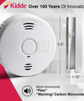 Dual Hazard Smoke And Carbon Monoxide Detector With Voice Warning Hardwired Setup And Ten Year Sealed Lithium Battery Backup Interconnectable Network Built Tough For Zero Drama Family Safety White, side view showing size and features.