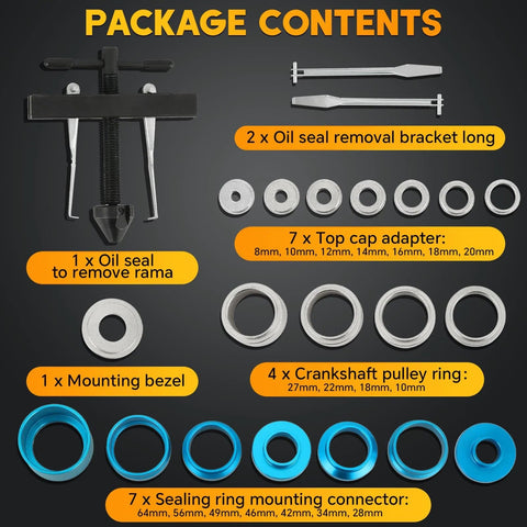 weyleity 22-piece crankshaft oil seal remover kit with clamp tool, brackets, adapters, pulley rings, blue seals