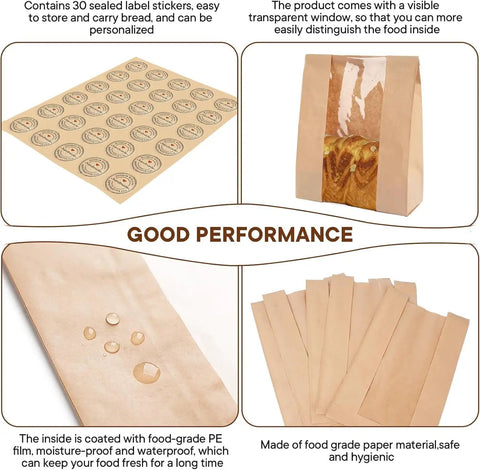 30 Pack Bread Bags With Window Including 30 Homemade Bread Storage Label Stickers Clear Window Bakery Bags For Fresh Baked Goods Large 13.7x8.3x3.5 Inches Great For Gifting And Storing, showing bags, stickers, and material details.