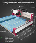 NBX-5040 CNC Router With 710W Beefy Trim Spindle, showing dimensions and aluminum frame with linear rails